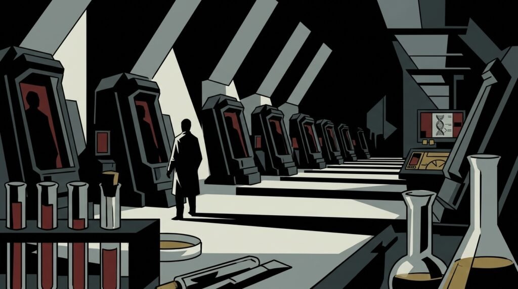 Laboratorio di clonazione umana, illustrazione in stile noir