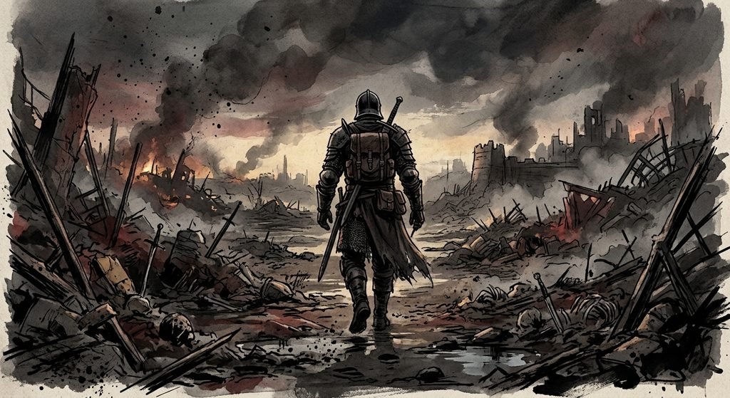 Mercenario solitario attraversa un campo di battaglia in rovina, atmosfera cupa da fantasy grimdark