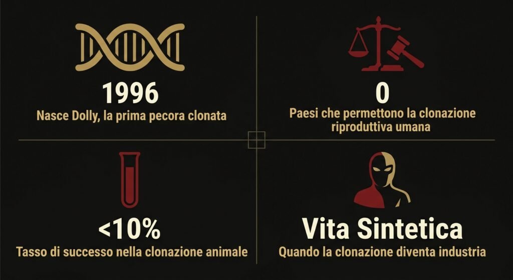 Infografica sulla clonazione umana: 1996 nasce Dolly, 0 paesi permettono la clonazione riproduttiva umana, meno del 10% di successo negli animali, Vita Sintetica quando la clonazione diventa industria