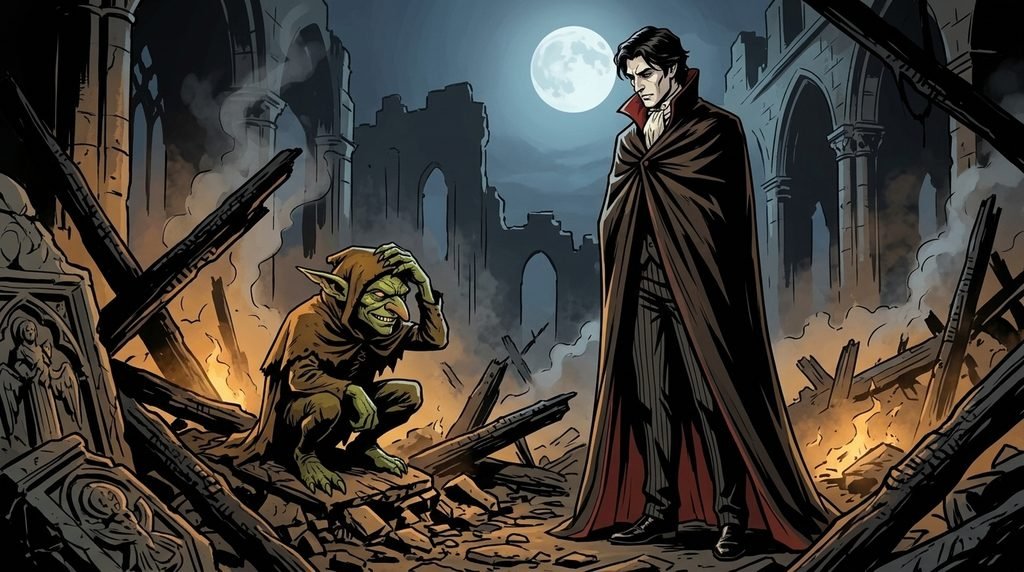Il vampiro Edoardo e il goblin Occhifurbi, protagonisti antieroi del romanzo grimdark F*cking Fantasy, tra le rovine di notte