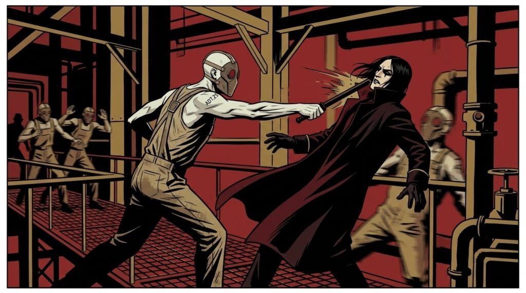 un clone mascherato colpisce un uomo pallido in abiti scuri con uno sfollagente, in una fabbrica, circondato da altri cloni mascherati allarmati. Stile Mignola