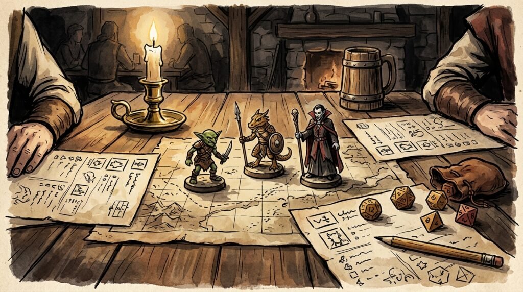 Tavolo da gioco di ruolo con miniature di goblin, coboldo e vampiro, per giocare un mostro nei giochi di ruolo