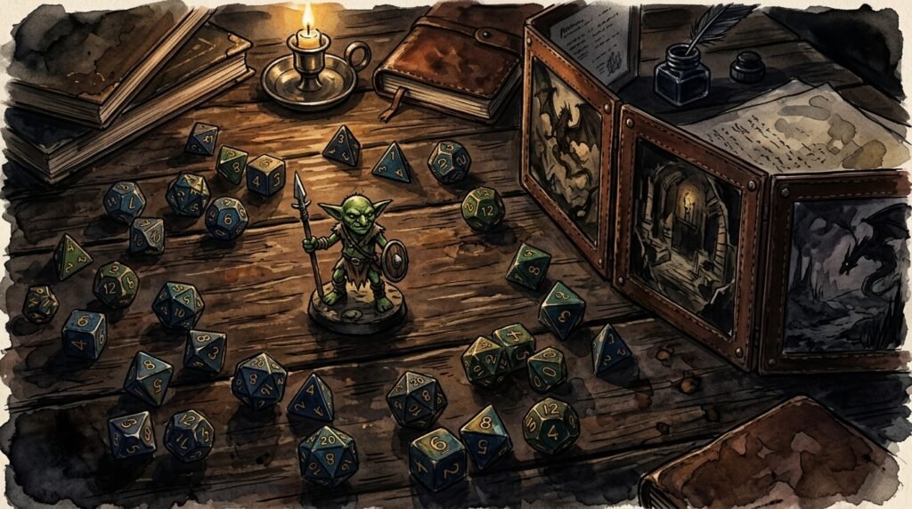 Schermo del master e dadi poliedrici su un tavolo di legno con una miniatura di goblin al centro