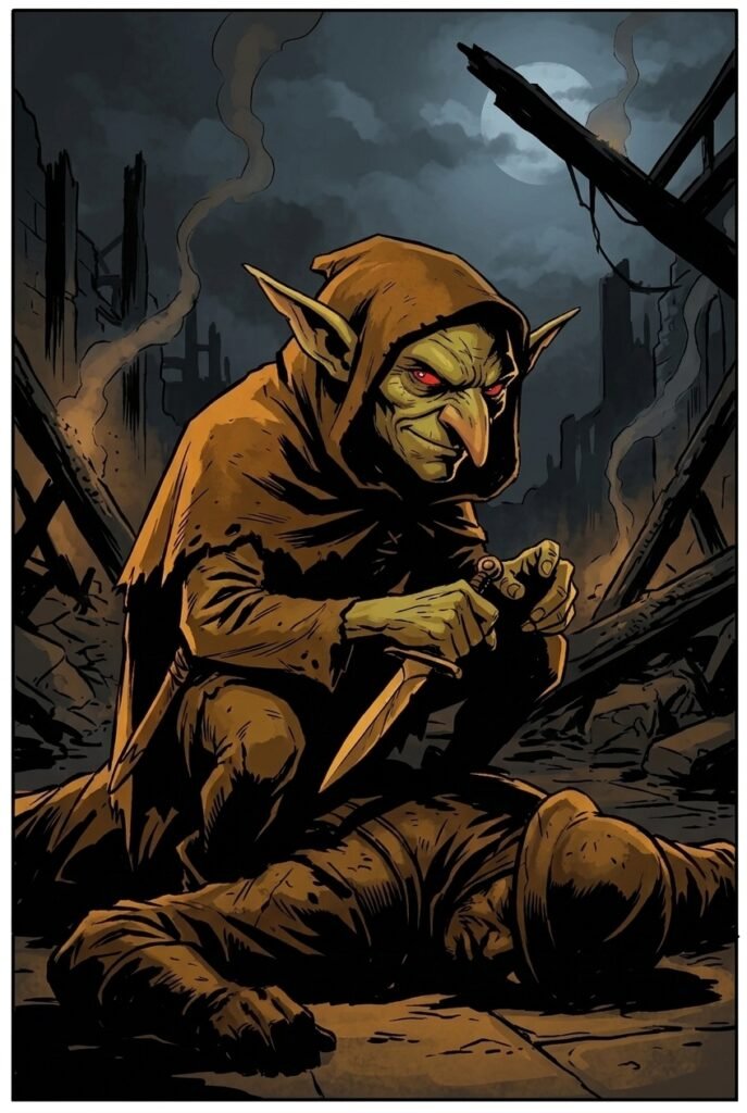 Il goblin Occhifurbi in una tavola a fumetti: un esempio di goblin nel fantasy come protagonista antieroe