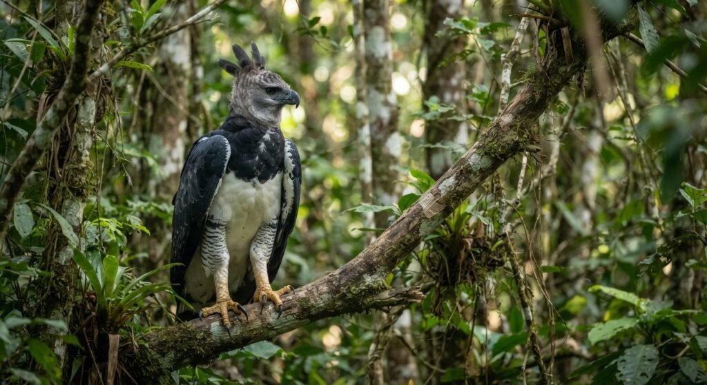 aquila arpia appollaiata su un ramo, in una foresta del sud America