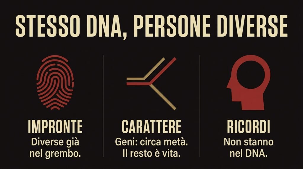 Infografica: due gemelli con lo stesso DNA differiscono per impronte, carattere e ricordi