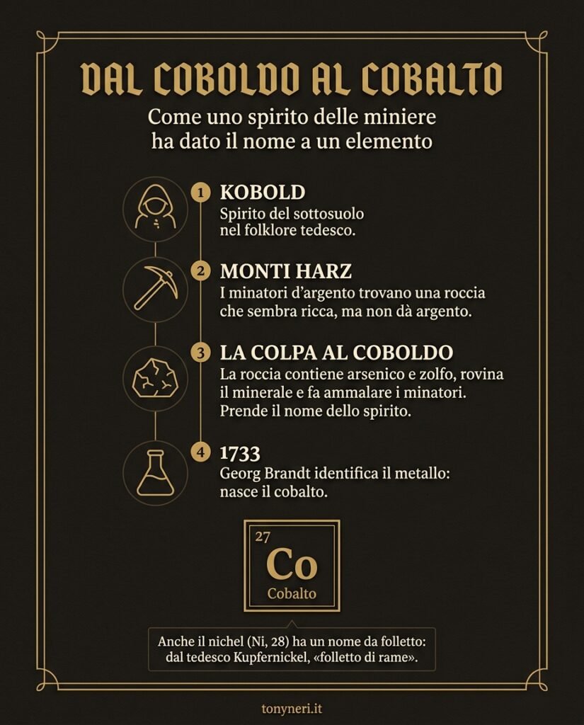 Infografica sull'evoluzione del coboldo, fino a dare origine al nome del cobalto