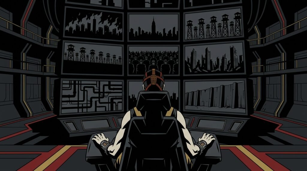Clone mascherato seduto davanti a un muro di schermi che mostrano scenari distopici, illustrazione noir