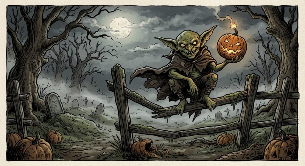 Piccolo goblin verde seduto su una staccionata di cimitero con una zucca intagliata dalla miccia accesa