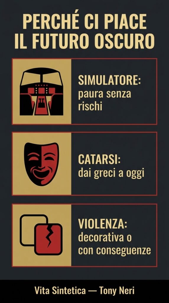 Infografica: la distopia come simulatore di paure, catarsi dai greci a oggi, violenza decorativa o con conseguenze